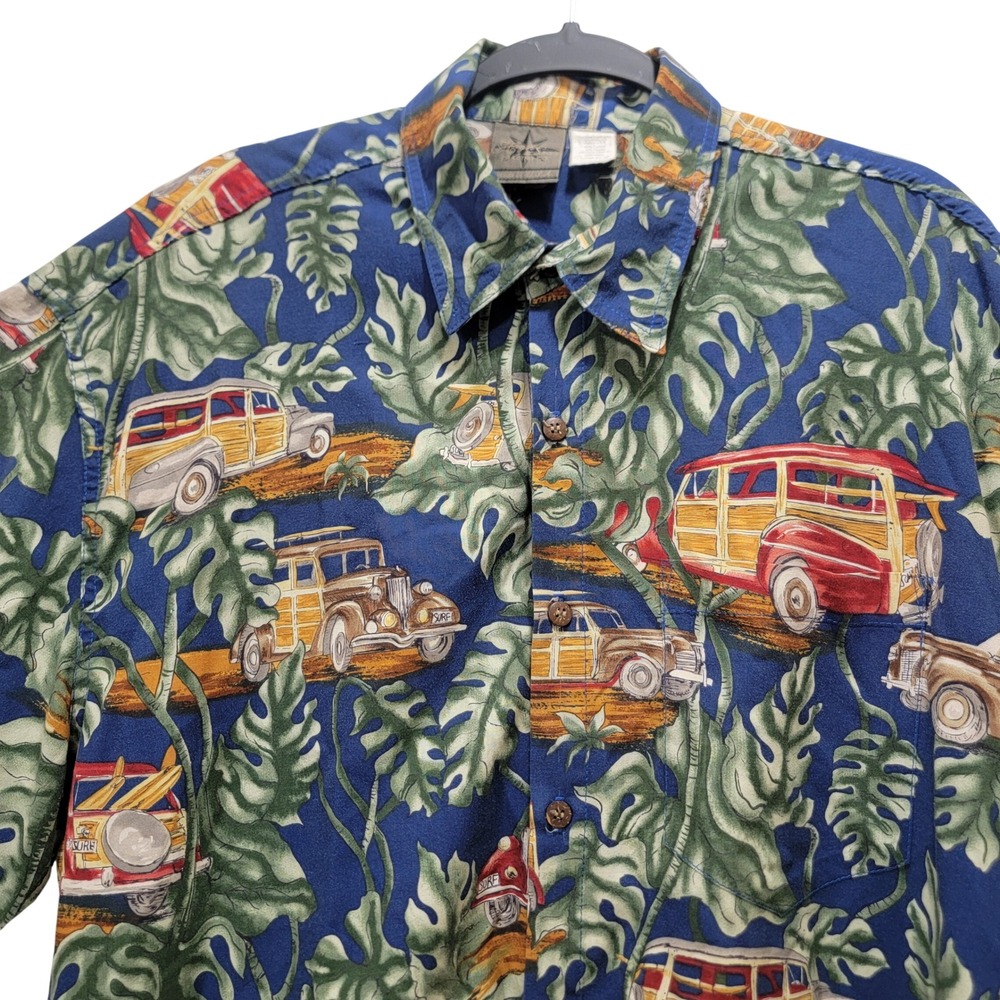 Vintage High Seas Trading Co Mens Woodie‎ Wagon Cars Hawaiian Tropical Shirt USA